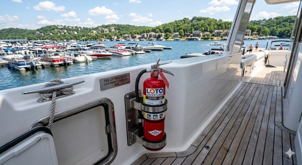 Fire extinguisher safety equipment on private boat charter at Lake of the Ozarks