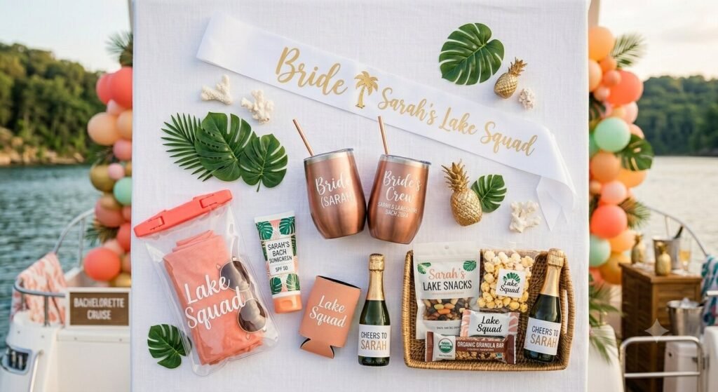 Flat lay of bachelorette boat trip packing essentials including sunscreen dry bag and custom cups for Lake of the Ozarks charter