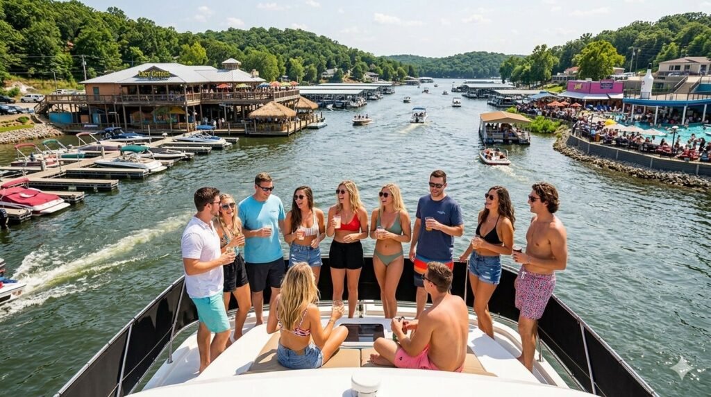 Friends on yacht charter cruising between Lazy Gators and Backwater Jacks Lake of the Ozarks