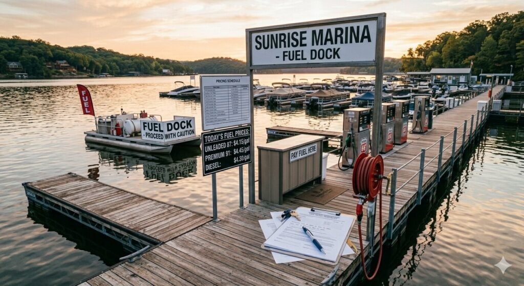Fuel station at Lake of the Ozarks marina where renters refuel during boat rental