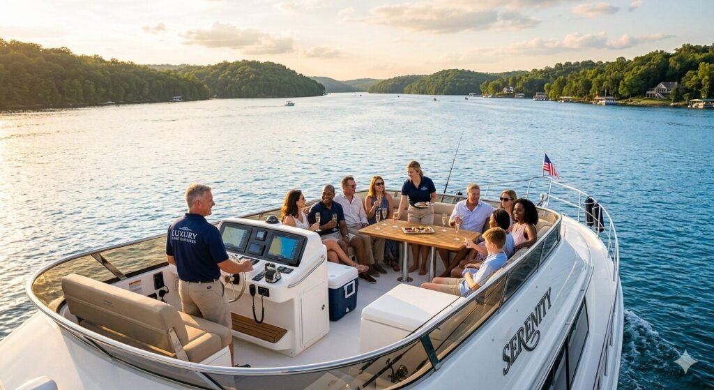 Full service crewed yacht charter on Lake of the Ozarks with captain and guests on deck