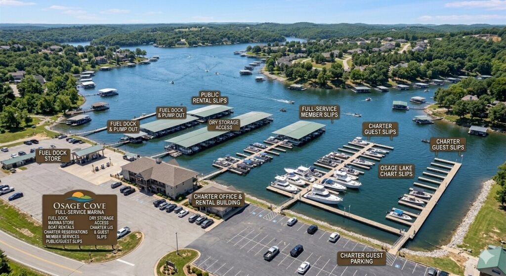 Full-service marina near Osage Beach at Lake of the Ozarks with boat slip access for charter guests