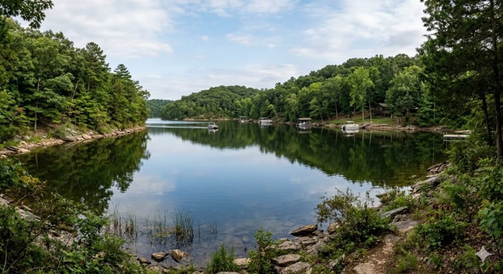 Glassy calm water on Lake of the Ozarks early morning with no boat traffic