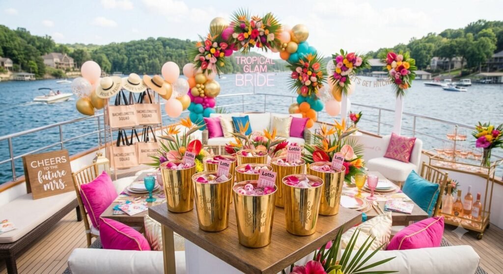 Gold acrylic cups filled with pink lotto bachelorette punch on a Lake Ozark yacht bar setup