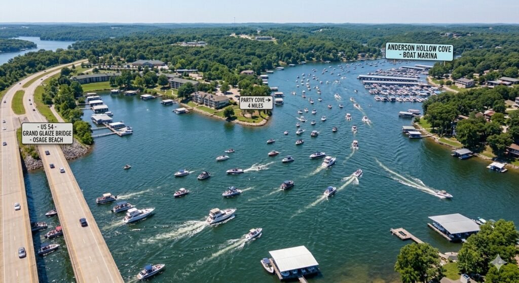 Grand Glaize Bridge on Lake of the Ozarks where boaters turn toward Party Cove