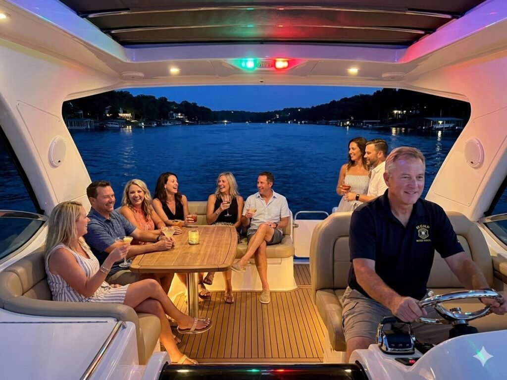 Group enjoying a captained night yacht charter on Lake of the Ozarks