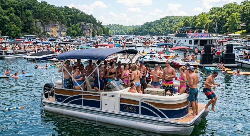 Group enjoying a captained tritoon charter near Party Cove at Lake of the Ozarks