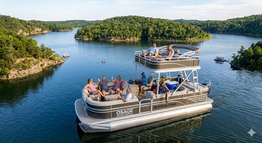 Group enjoying a pontoon rental on the calm waters of the Upper Osage Arm at Lake of the Ozarks