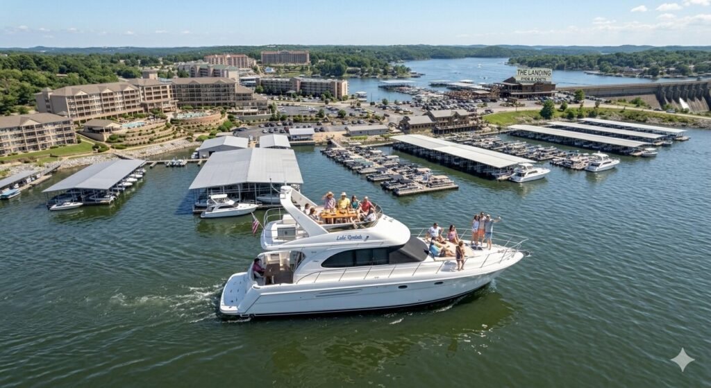 Group of friends on a rental yacht enjoying the Lake of the Ozarks water route