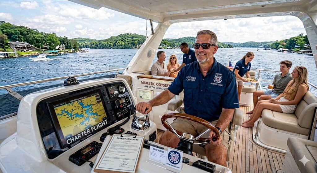 Group of guests enjoying a captained luxury yacht rental on calm blue water at Lake of the Ozarks