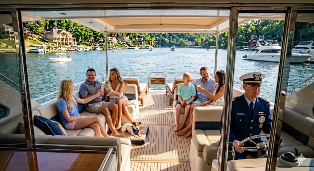 Group of guests relaxing on the deck of a captained luxury charter yacht at Lake of the Ozarks