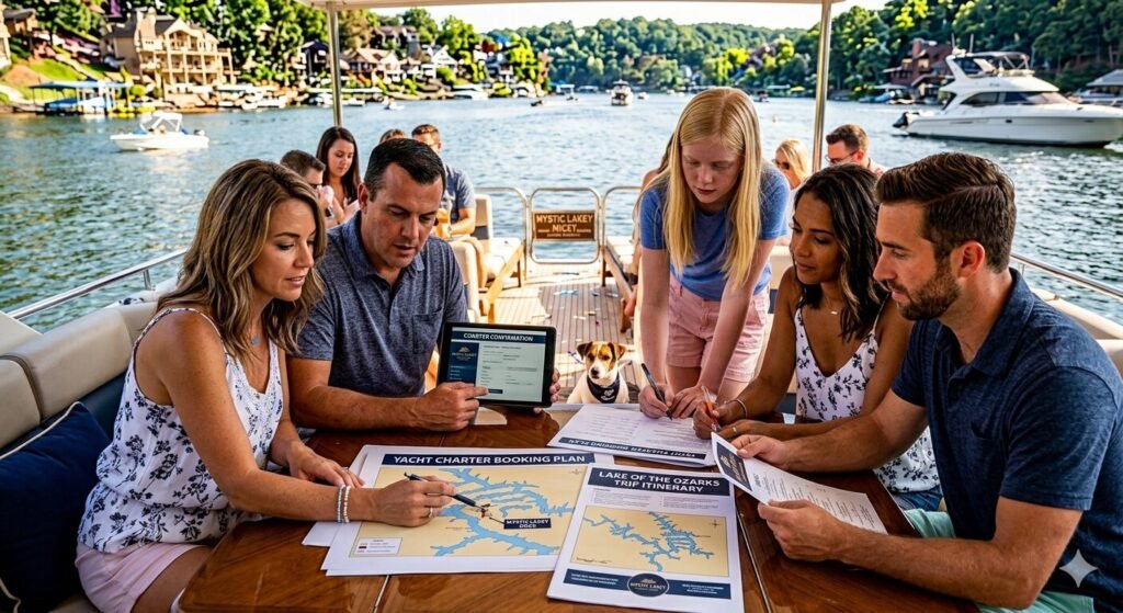 Group of people reviewing a yacht charter booking plan together before their Lake of the Ozarks trip