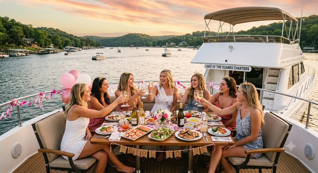 Group of women celebrating a bachelorette party with a catered dinner on a charter boat at Lake of the Ozarks Missouri