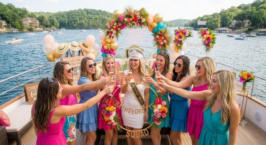Group of women toasting with champagne on a Lake Ozark yacht rental during bachelorette celebration