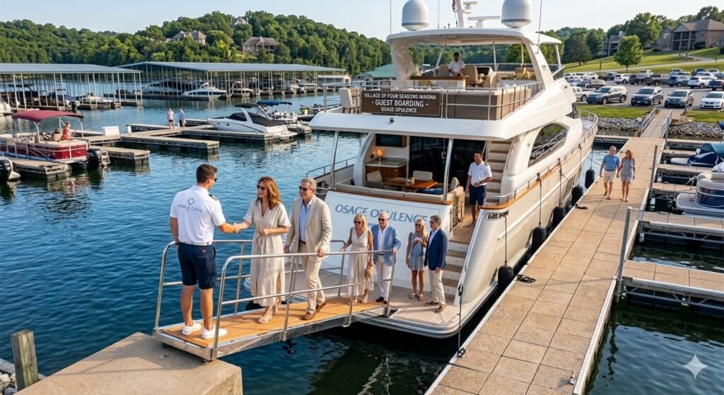 Guests boarding a luxury yacht at a marina dock near Village of Four Seasons Lake of the Ozarks
