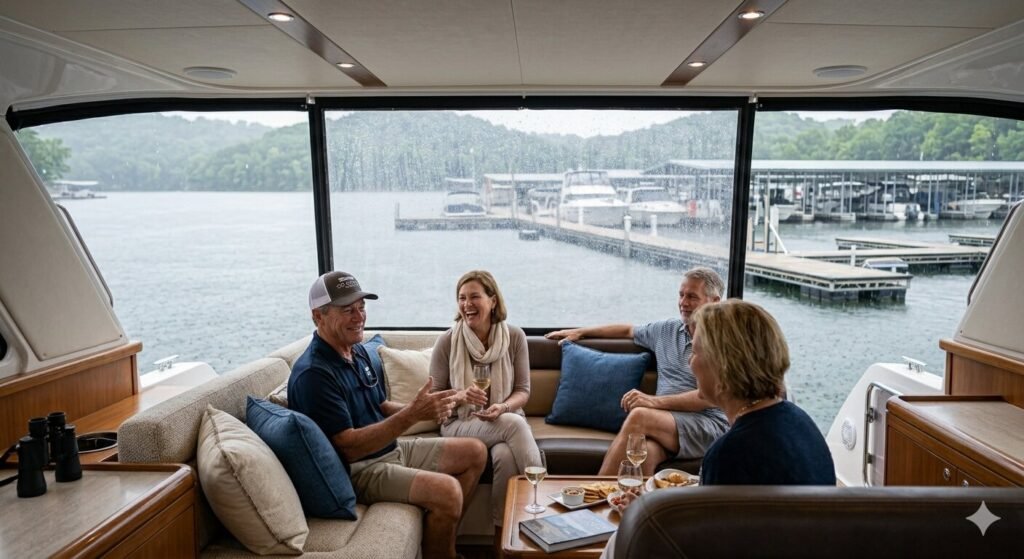 Guests enjoying yacht charter at Lake of the Ozarks during light rain