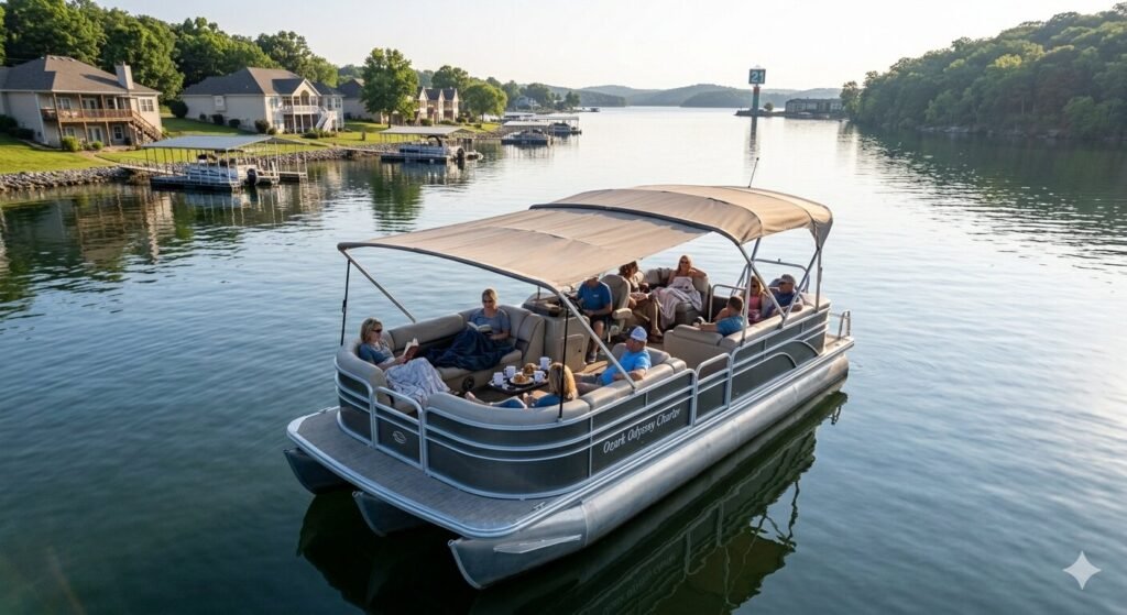 Guests on a tritoon charter rental enjoying calm morning water at Lake of the Ozarks