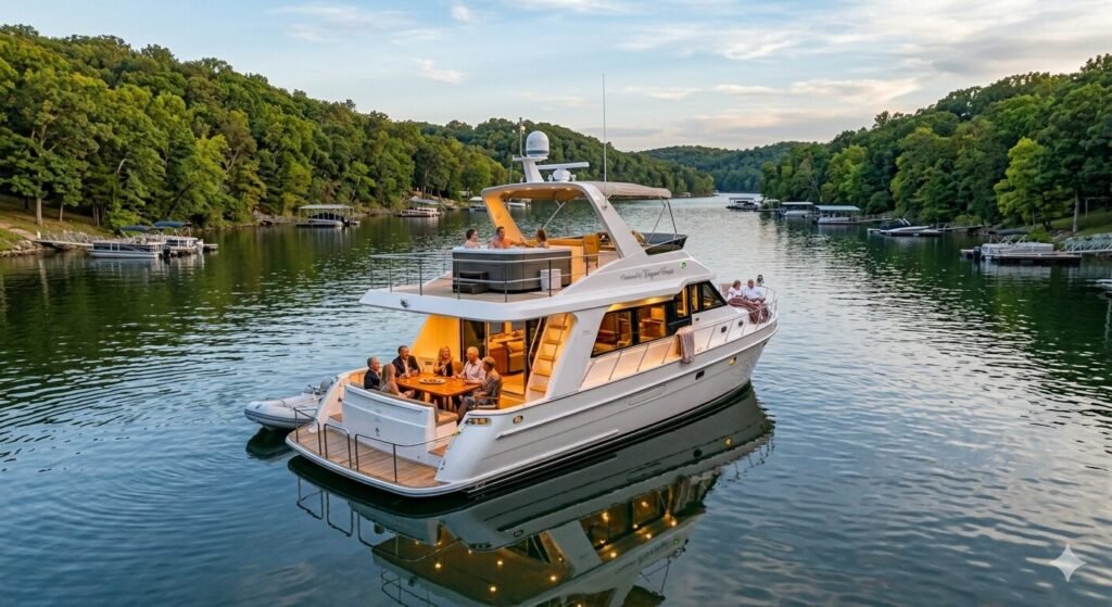 Guests relaxing on a chartered yacht at a quiet anchorage on Lake of the Ozarks