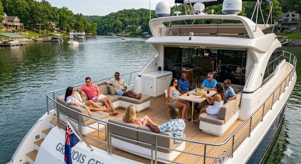 Guests relaxing on a yacht charter anchored in a cove on the Gravois Arm Lake of the Ozarks