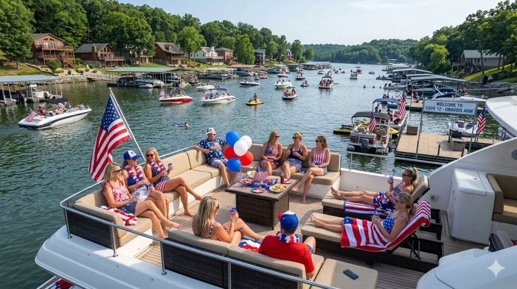 Guests relaxing on yacht charter in Gravois Arm cove Lake of the Ozarks Fourth of July weekend