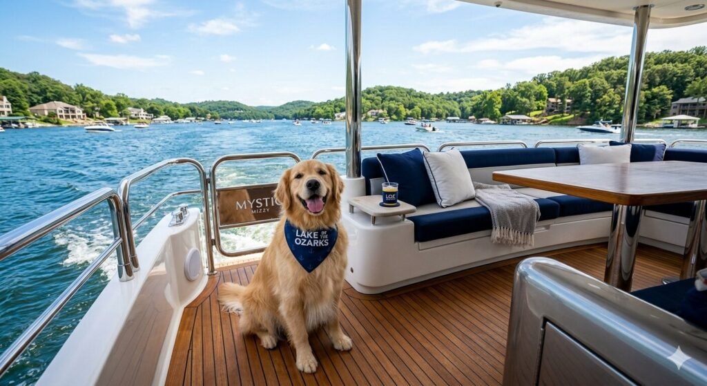 Happy dog sitting on the deck of a luxury yacht charter on Lake of the Ozarks Missouri
