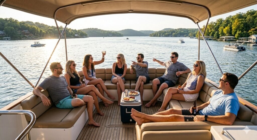 Happy group of friends relaxing on a yacht deck at Lake of the Ozarks