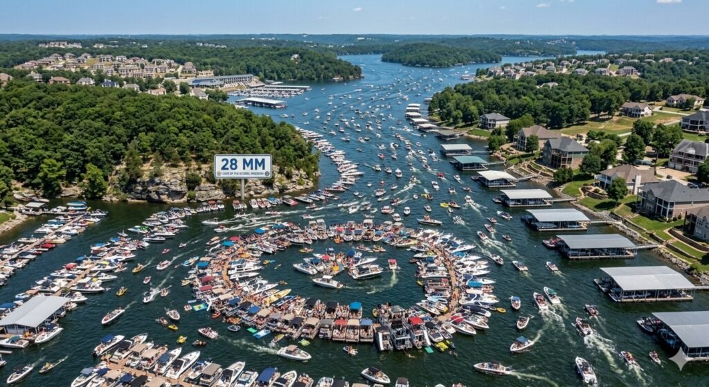 Heavy recreational boat traffic on the main channel of Lake of the Ozarks on a busy summer weekend afternoon