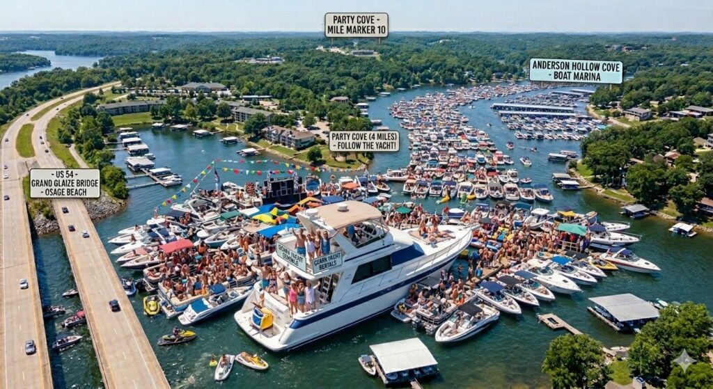 Hundreds of boats anchored together at Party Cove on Lake of the Ozarks on a summer weekend