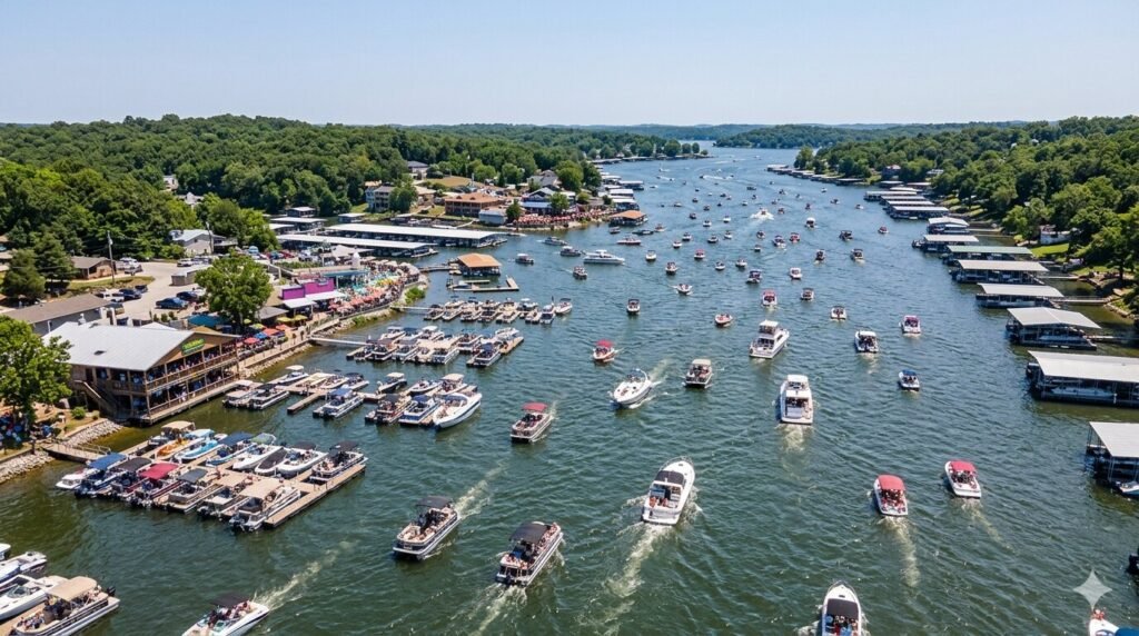 Lake of the Ozarks main channel boats cruising between waterfront bar destinations weekend afternoon