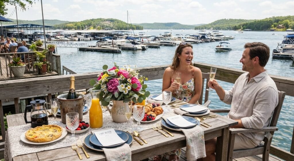 Lakefront brunch table setup near Lake of the Ozarks marina