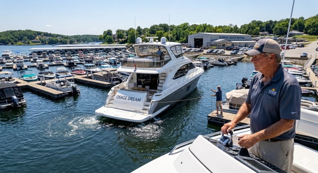Large cruiser yacht being guided into a slip at a Lake of the Ozarks marina by a captain