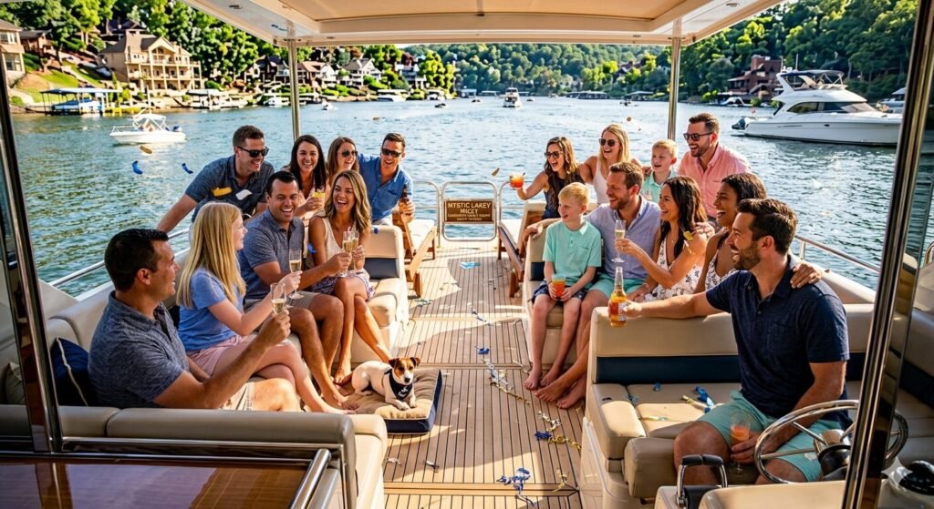 Large group of friends laughing and celebrating together on the deck of a private yacht rental at Lake of the Ozarks Missouri