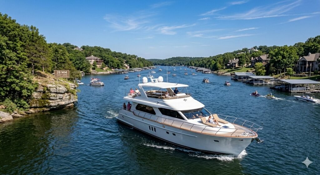 Large luxury charter yacht navigating the Lake of the Ozarks main channel confidently on a summer day