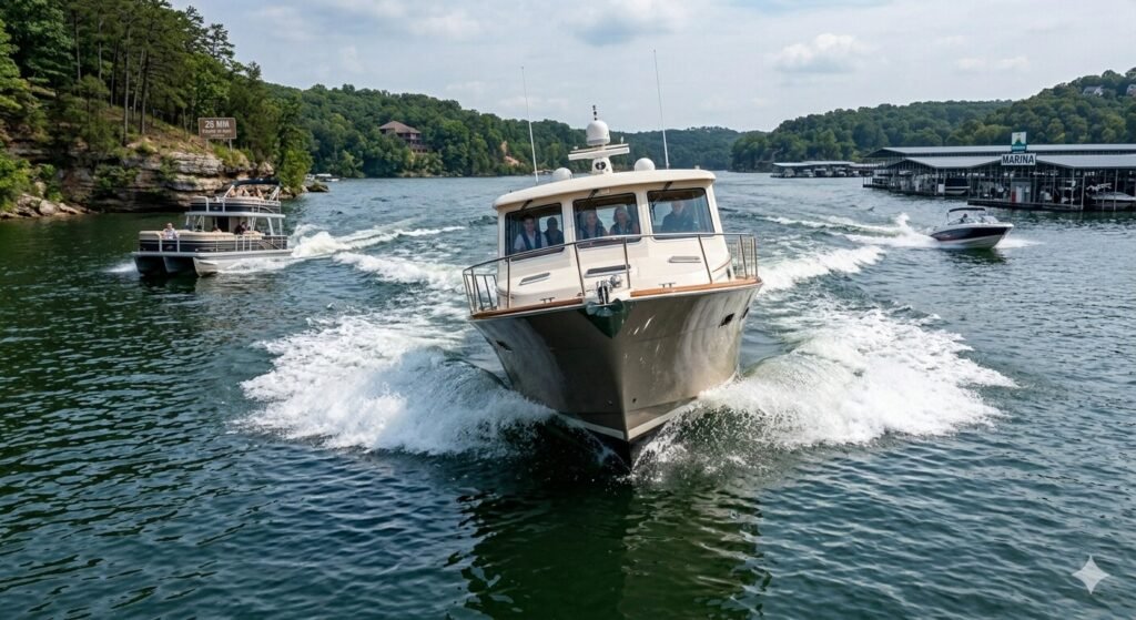 Large luxury yacht adjusting course to take incoming wake at the bow on the Lake of the Ozarks main channel