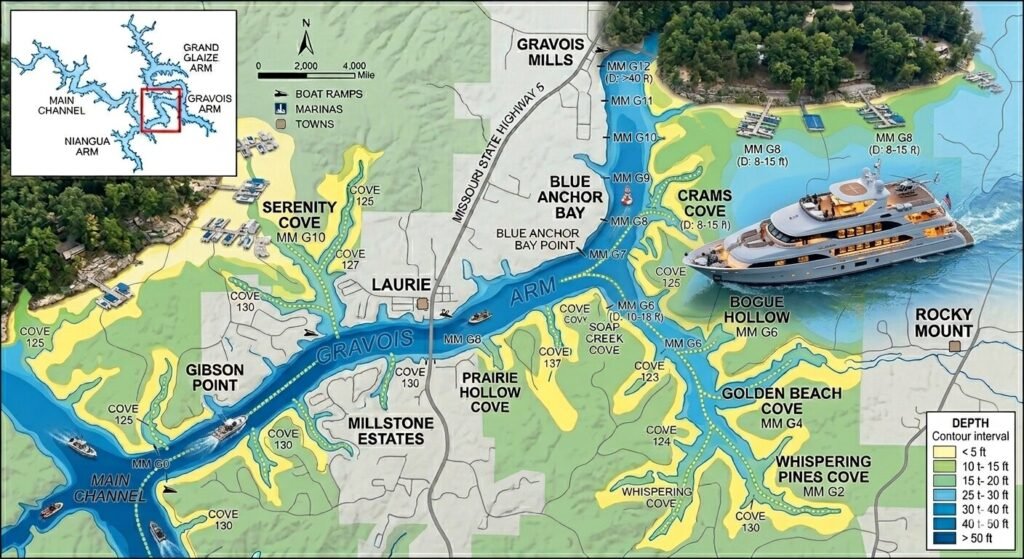 Large luxury yacht navigating deep water main channel at Lake of the Ozarks Missouri