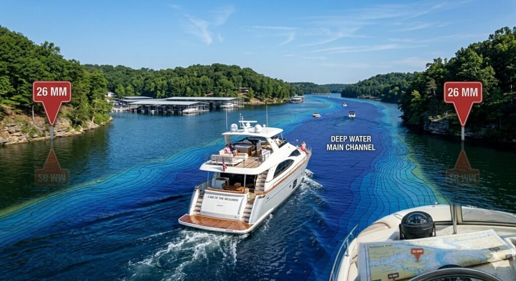 Large luxury yacht navigating safely along the deep water main channel of Lake of the Ozarks Missouri