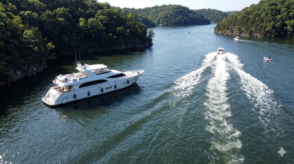 Large wake from a passing powerboat approaching an anchored yacht in a cove at Lake of the Ozarks Missouri