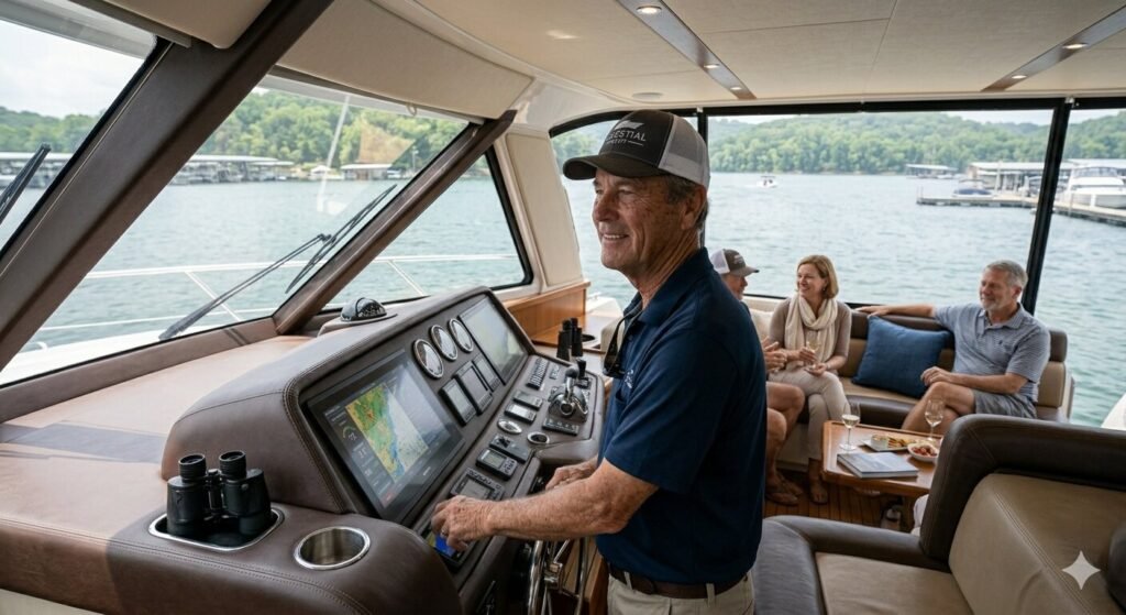 Licensed boat captain steering a rental yacht with passengers at Lake of the Ozarks