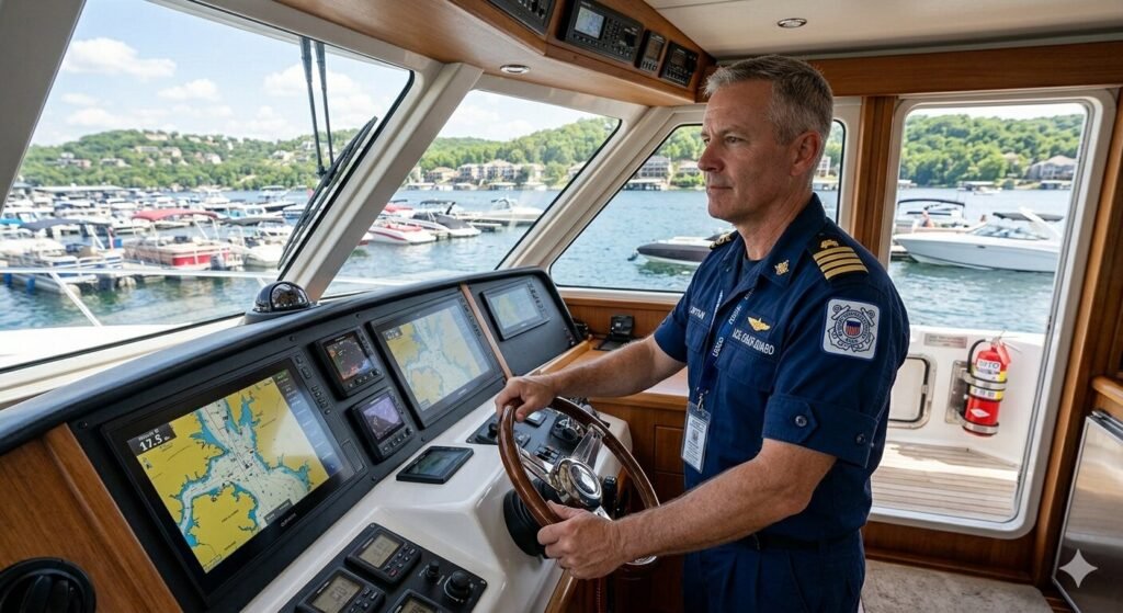 Licensed captain operating large group yacht charter at Lake of the Ozarks Missouri