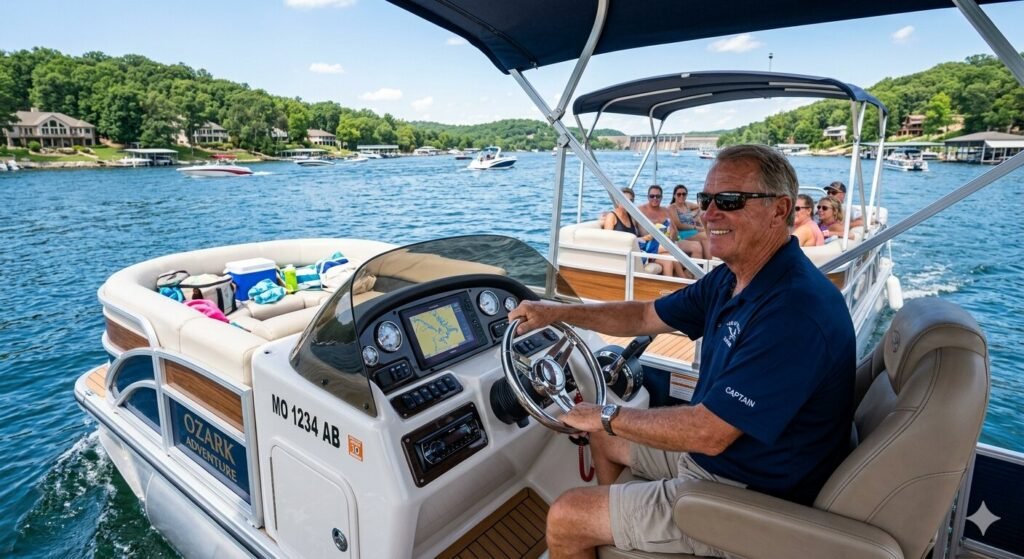 Licensed captain steering a captained pontoon boat rental at Lake of the Ozarks Missouri