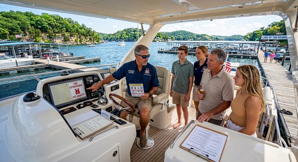 Licensed professional boat captain navigating Lake of the Ozarks on a private charter