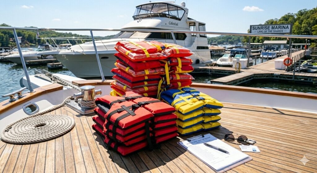 Life jackets stacked neatly on a yacht deck before a rental trip