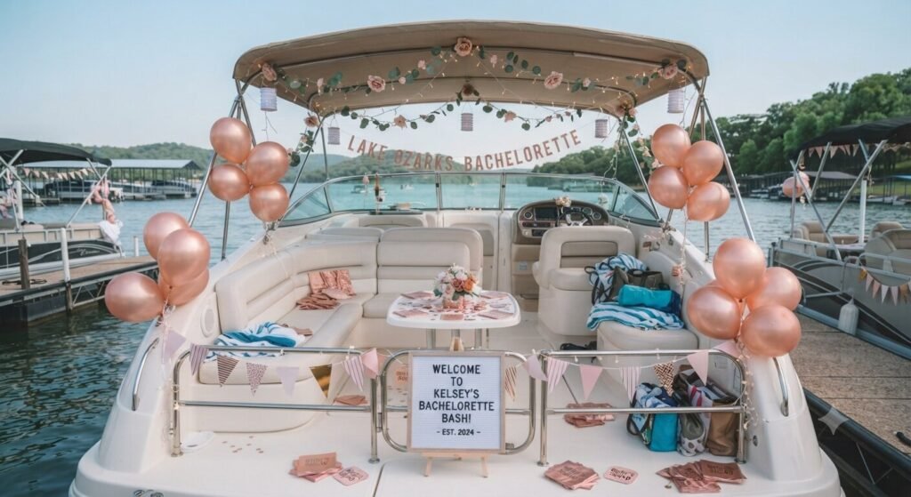 Lightweight decorations set up on boat deck for bachelorette party