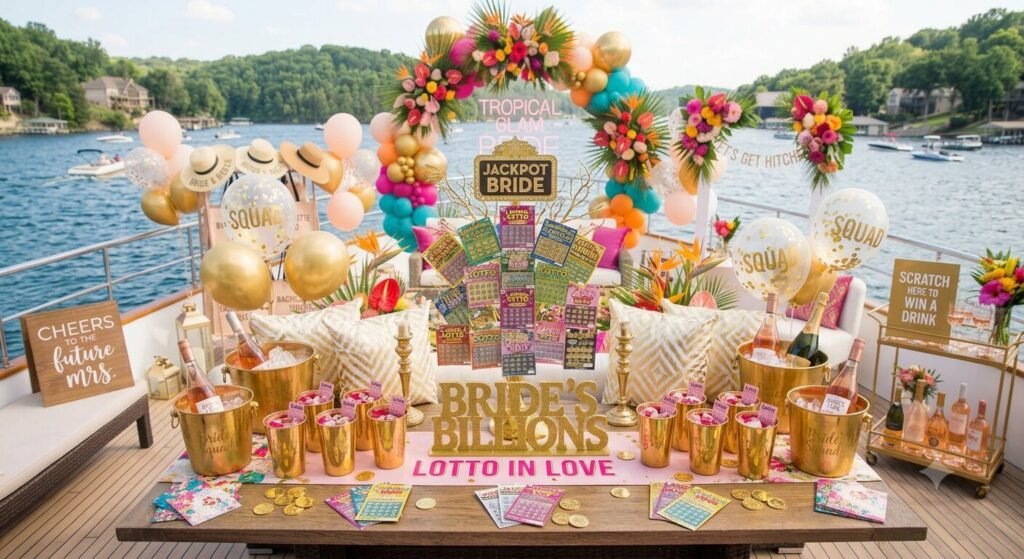 Lotto theme bachelorette party bar table on a yacht with gold decorations and scratch tickets