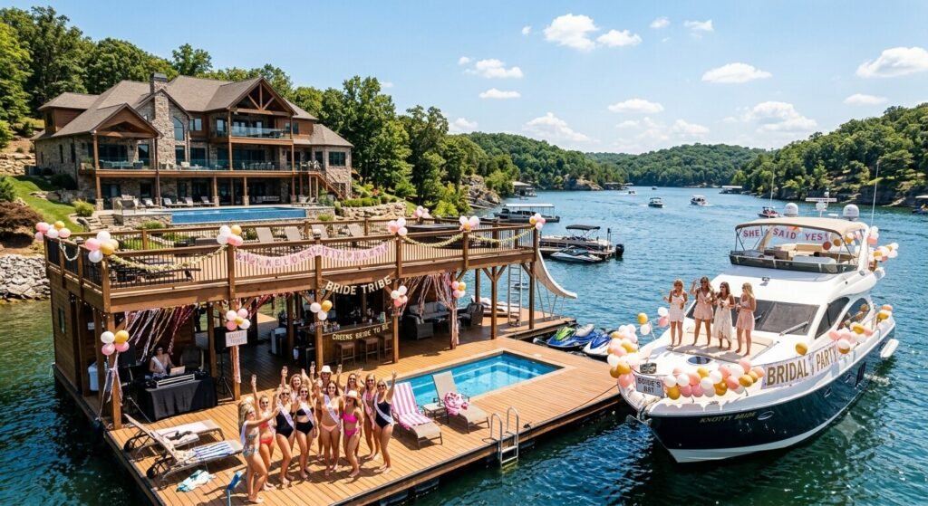 Luxury bachelorette lake house with private party dock and charter yacht at Lake of the Ozarks