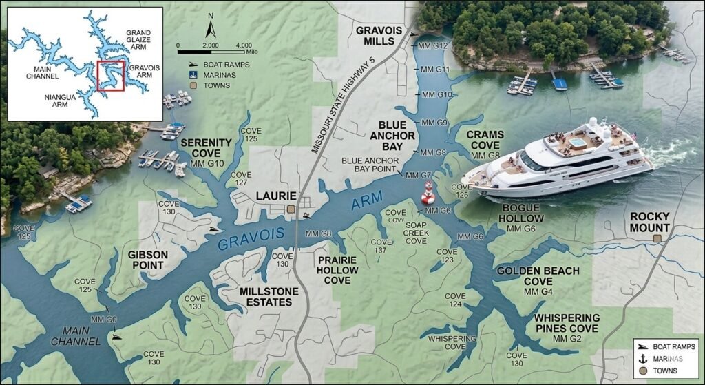 Luxury charter yacht slowing down near a no-wake zone marker at Lake of the Ozarks