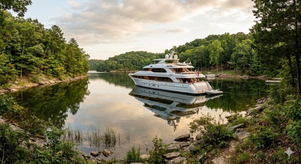 Luxury yacht anchored in a peaceful sheltered cove at Lake of the Ozarks Missouri