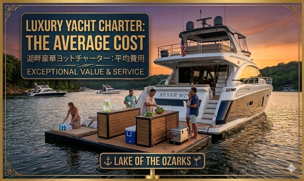 Luxury yacht charter cruising on Lake of the Ozarks Missouri on a sunny summer day