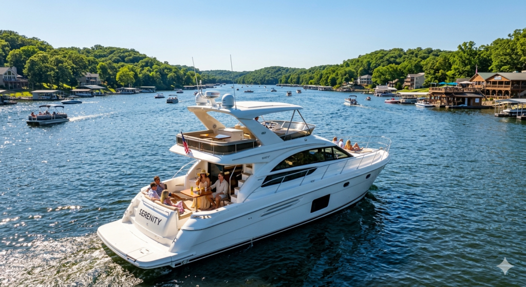 Luxury yacht charter cruising on Lake of the Ozarks on a sunny summer day
