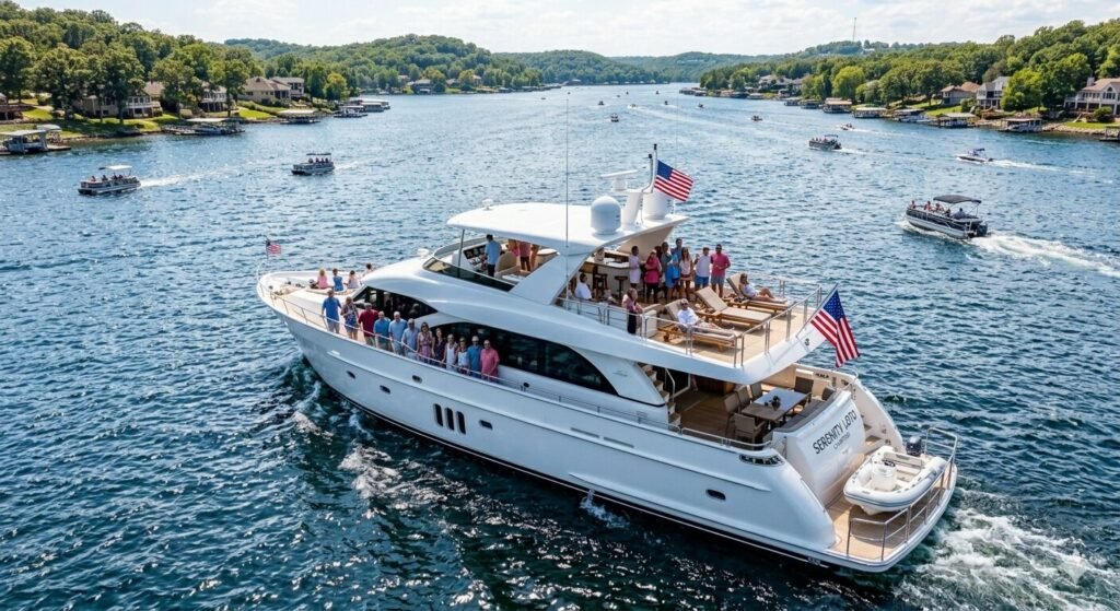 Luxury yacht charter for large group at Lake of the Ozarks Missouri